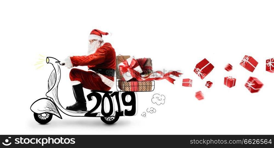 Santa Claus on scooter delivering Christmas or New Year 2019 gifts at white background. Santa Claus on scooter