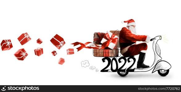 Santa Claus on scooter delivering Christmas or New Year 2022 gifts on white background. Santa Claus 2022 on scooter