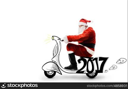 Santa Claus on scooter. Santa Claus driving scooter isolated on white background