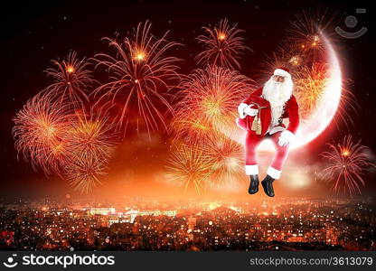 Santa Claus on the moon above a city at night