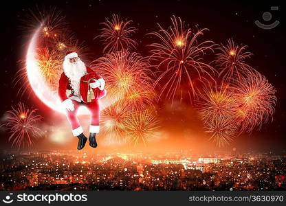 Santa Claus on the moon above a city at night