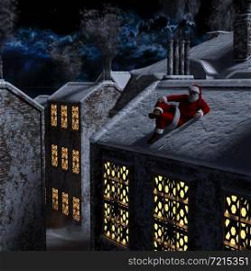 Santa Claus on the rooftop and chimneys at the Christmas night with moonlight - 3d rendering. Santa Claus on the rooftop at the Christmas night