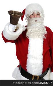 Santa Claus pealing a bell over white background
