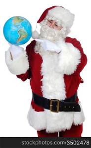 Santa Claus pointing at a globe over white background
