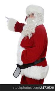 Santa Claus pointing with his finger over white background