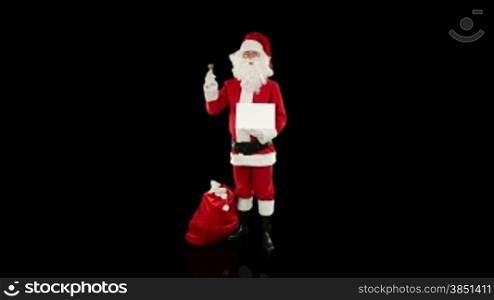 Santa Claus presenting a white sheet, against black