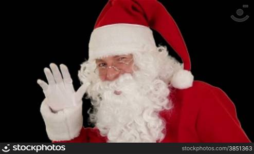 Santa Claus Presenting a White Sheet then sending a Kiss and saying Bye Bye, black