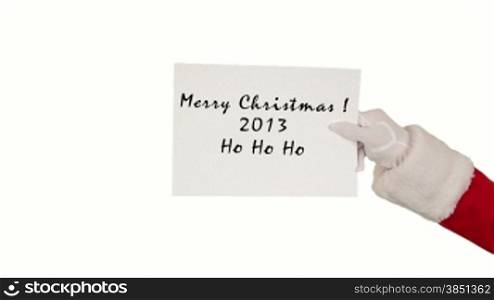 Santa Claus Presenting a white sheet with Merry Christmas, sends a Kiss and waves, white