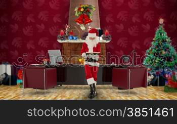 Santa Claus reading a book in his modern Christmas Office