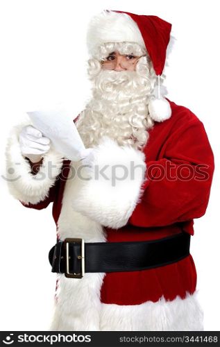 Santa Claus reading a letter over white background