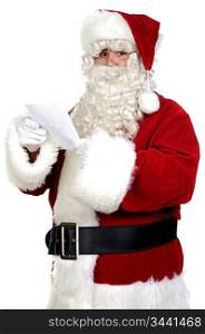 Santa Claus reading a letter over white background