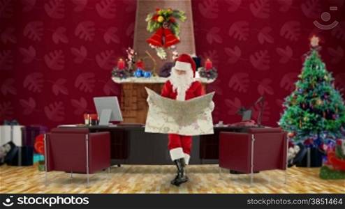 Santa Claus reading a map in his modern Christmas Office