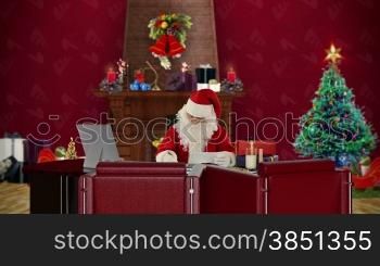 Santa Claus reading letters and sorting presents, office with Christmas decorations