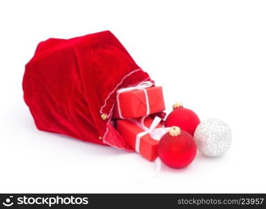 Santa Claus red bag with Christmas balls and gift box