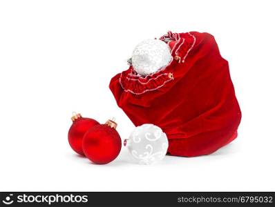 Santa Claus red bag with Christmas balls and gift box