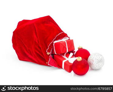 Santa Claus red bag with Christmas balls and gift box