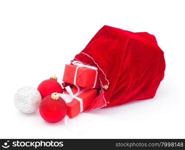 Santa Claus red bag with Christmas balls and gift box