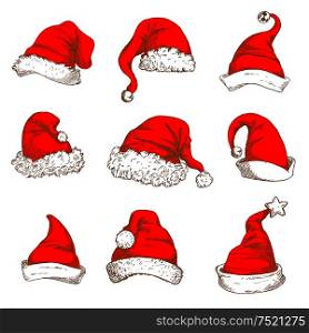 Santa Claus red hat icon set. Christmas red hat and cap of Santa and elf with white fur trim, pom-pom, jingle bell and star. Christmas and New Year design element. Christmas red hat or cap of Santa and elf icon set