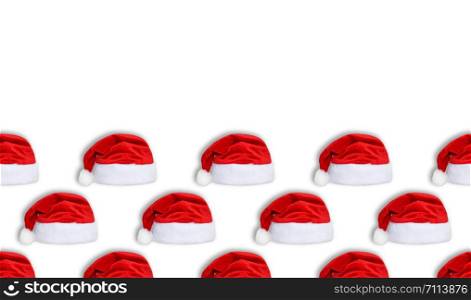 Santa Claus red hat isolated on white background. Red christmas hat or cap seamless new year pattern. Copy space. Long poster.. Santa Claus red hat isolated on white background. Red christmas hat or cap seamless new year pattern