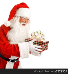 Santa Claus Secretly Brought a Gift on the Christmas. On a White Background. Advertising Space