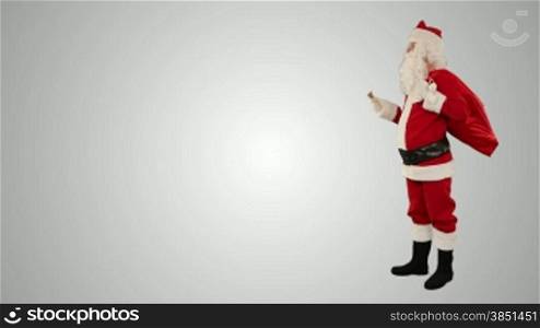 Santa Claus shaking a bell with space for text, against white