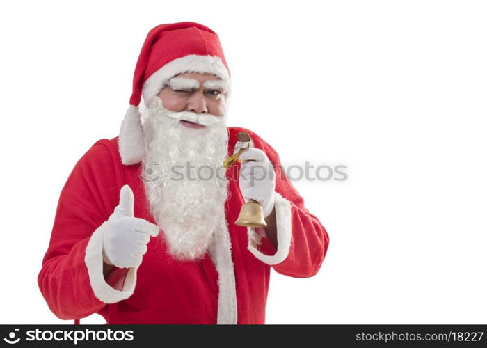 Santa Claus showing thumbs up while eating chocolate bar over white background