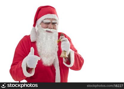 Santa Claus showing thumbs up while eating chocolate bar over white background