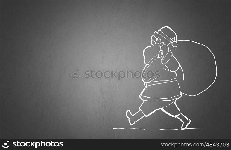 Santa Claus. Sketch of Santa walking with bag on back