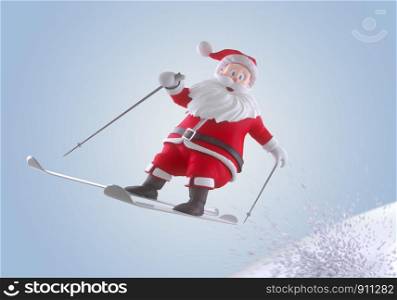 Santa Claus smiling on ski, 3d illustation, Santa Claus jump down a mountain slope, for happy new year card