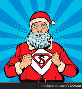 Santa Claus super hero, pop art retro vector illustration. Christmas background