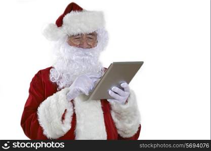 Santa Claus Using Digital Tablet On White Background
