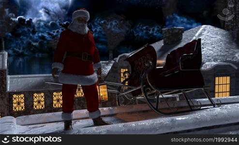 Santa Claus walking on the rooftop and chimneys at the Christmas night with moonlight - 3d rendering. Santa Claus walking on the rooftop at the Christmas night