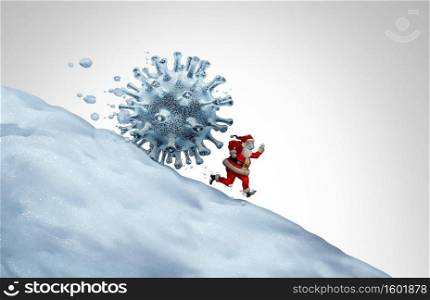 Santa Claus wearing a face mask running away from the virus as a Christmas season symbol for winter health and disease prevention with medical equipment for a viral infection with 3D render elements.