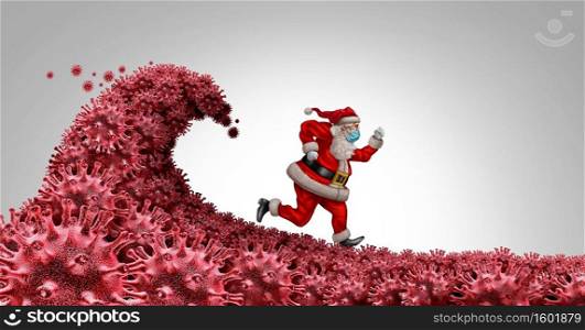Santa Claus wearing a face mask running away from the virus as a Christmas season symbol for health and healthcare disease prevention as medical equipment preventing disease in a 3D illustration style.