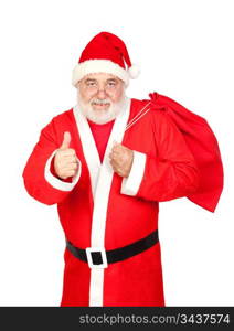 Santa Claus with a full sack saying OK isolated on white background