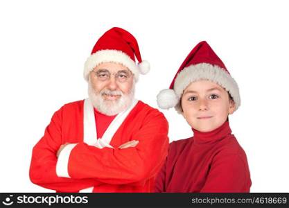 Santa Claus with a little apprentice isolated on a white background