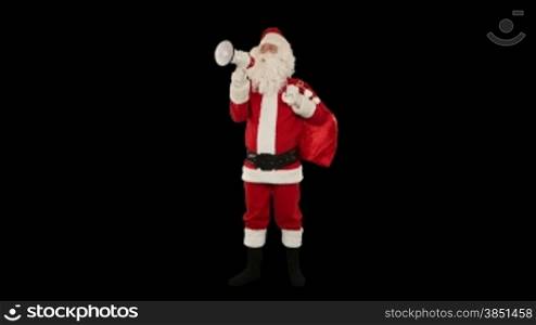Santa Claus with a loudspeaker making an announcement, against black