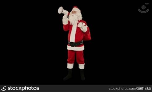 Santa Claus with a loudspeaker making an announcement, front view, against black