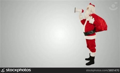 Santa Claus with a loudspeaker making an announcement, side view, against white