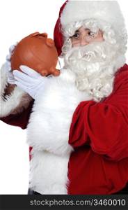 Santa Claus with a pig money box over white background