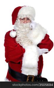 Santa Claus with a thoughtful expression over white background