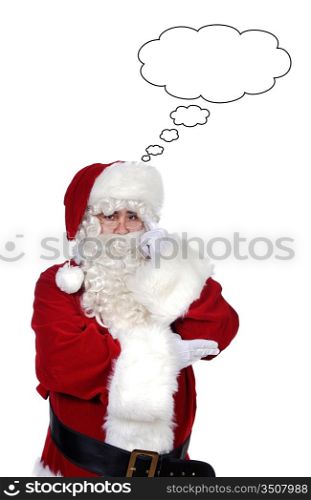Santa Claus with a thoughtful expression over white background