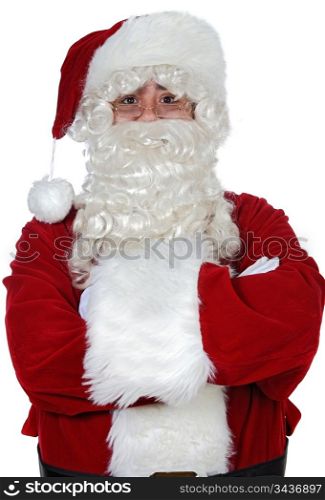 Santa Claus with arms crossed over white background