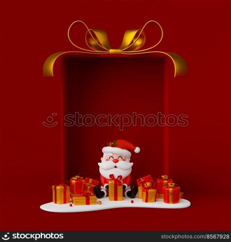 Santa Claus with Christmas gift in big gift box, 3d illustration