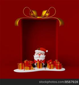 Santa Claus with Christmas gift in big gift box, 3d illustration
