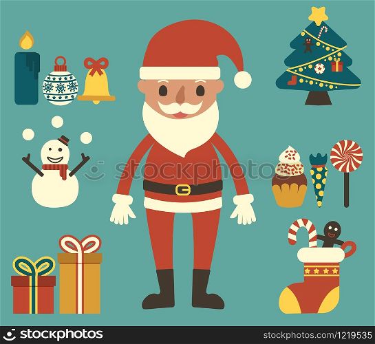 Santa claus with decoration equipment set vector illustrator design. Christmas party character.