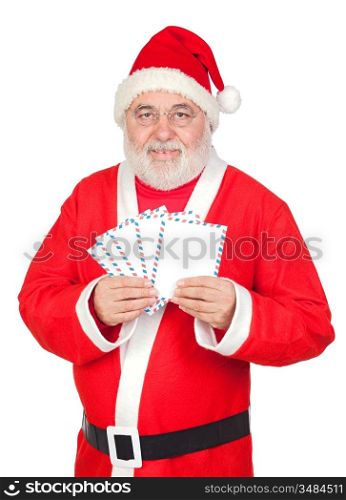 Santa Claus with envelopes for sending letters on white background