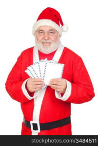 Santa Claus with envelopes for sending letters on white background