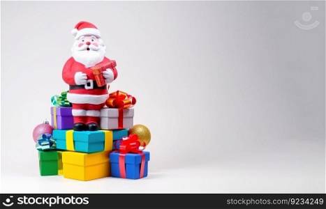 Santa Claus with gift boxes on white background, copy space isolate. Header banner mockup with copy space. AI generated.. Santa Claus with gift boxes on white background, copy space isolate. AI generated.