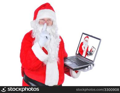 Santa Claus With Laptop Making Shh Sign